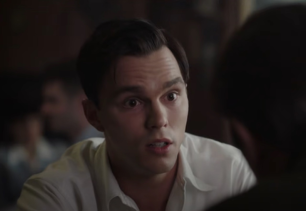 Screenshot: J.D. Salinger wearing white shirt is looking at side - from Rebel in the Rye (2017)