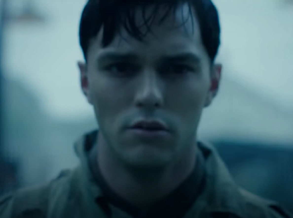Screenshot: J.D. Salinger wearing uniform is looking at front - from Rebel in the Rye (2017)