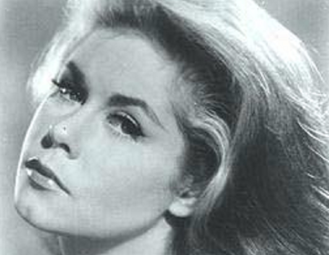 B&W portrait of Elizabeth Montgomery looking at camera.