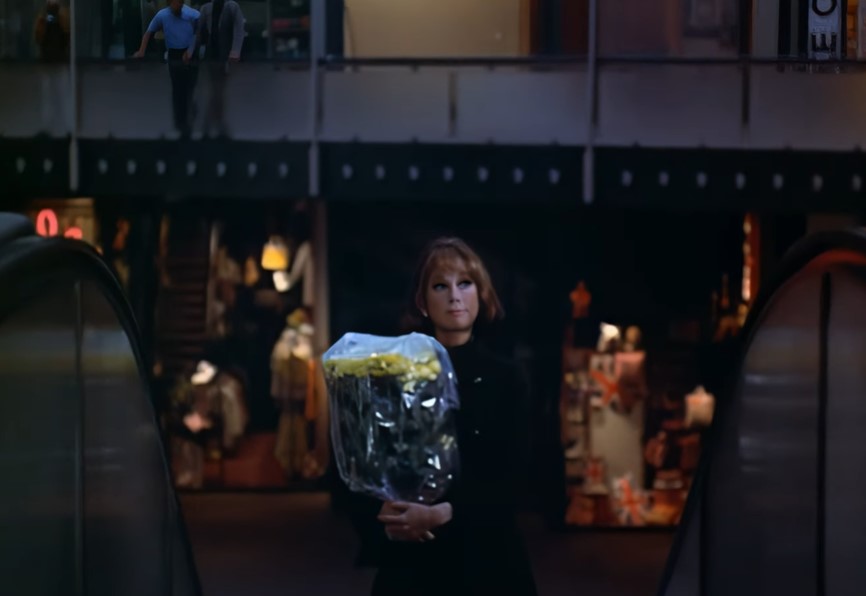 Mary Tyler Moore in  The Mary Tyler Moore Show going on escalator holding flowers