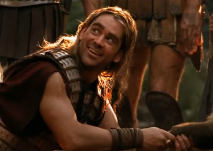 Screenshot from the Movie Alexander (2004), depicting Alexander the great wearing battle armor, smiling