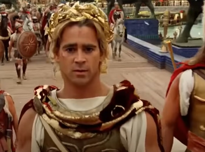 Screenshot from the Movie Alexander (2004), depicting Alexander the Great riding a horse and wearing a golden crown