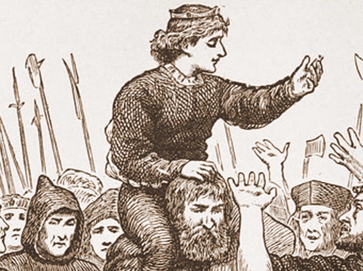 Lambert Simnel riding on the shoulders of supporters in Ireland