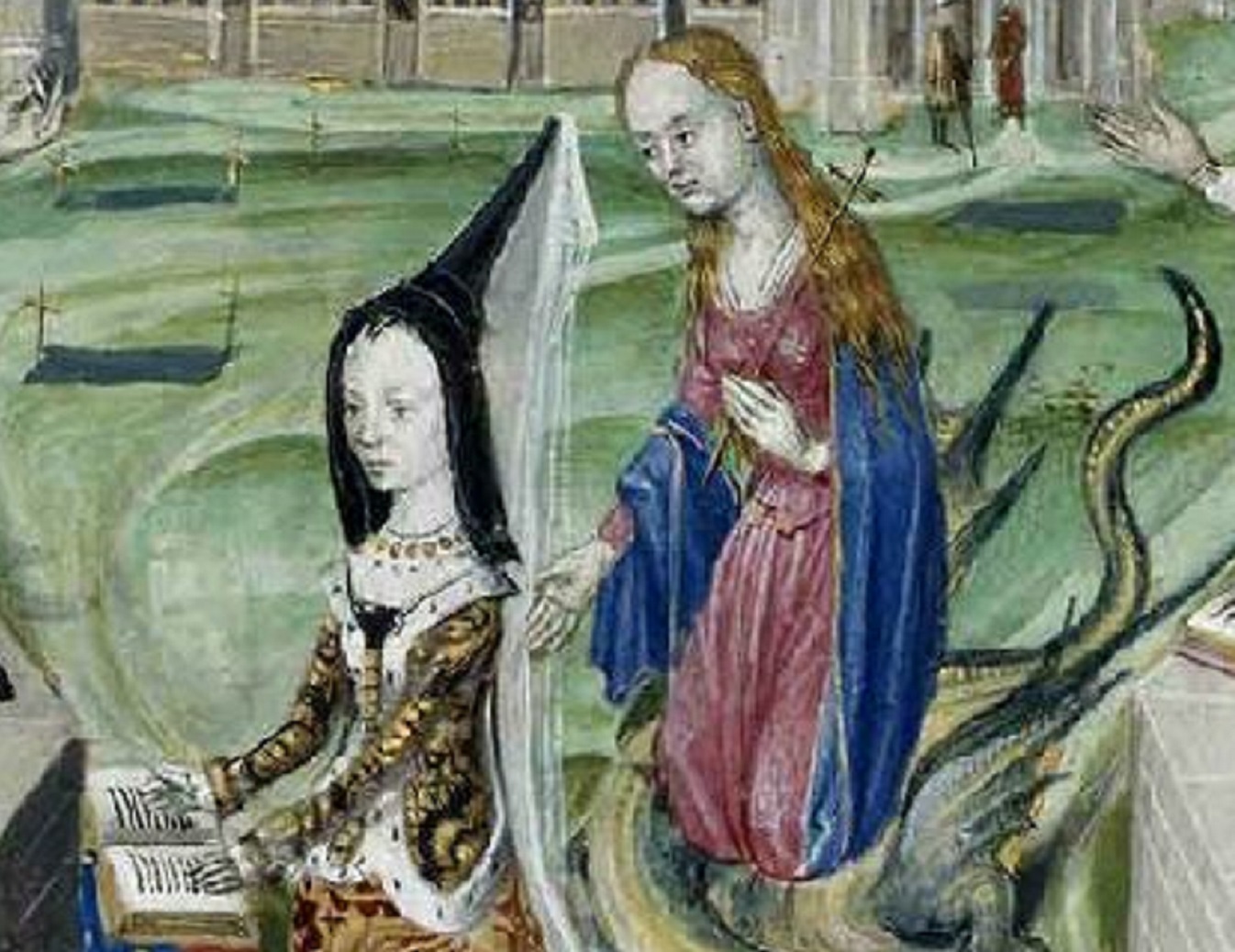 Miniature of Margaret of York praying in front of the Saint Gudula church of Brussels - circa 1468