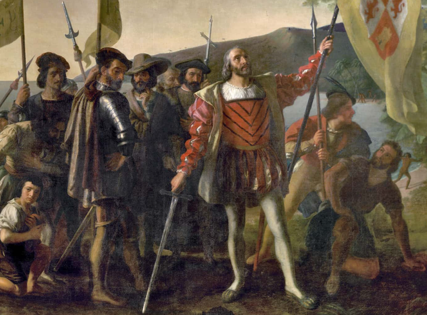 Christopher Columbus is depicted landing in the West Indies