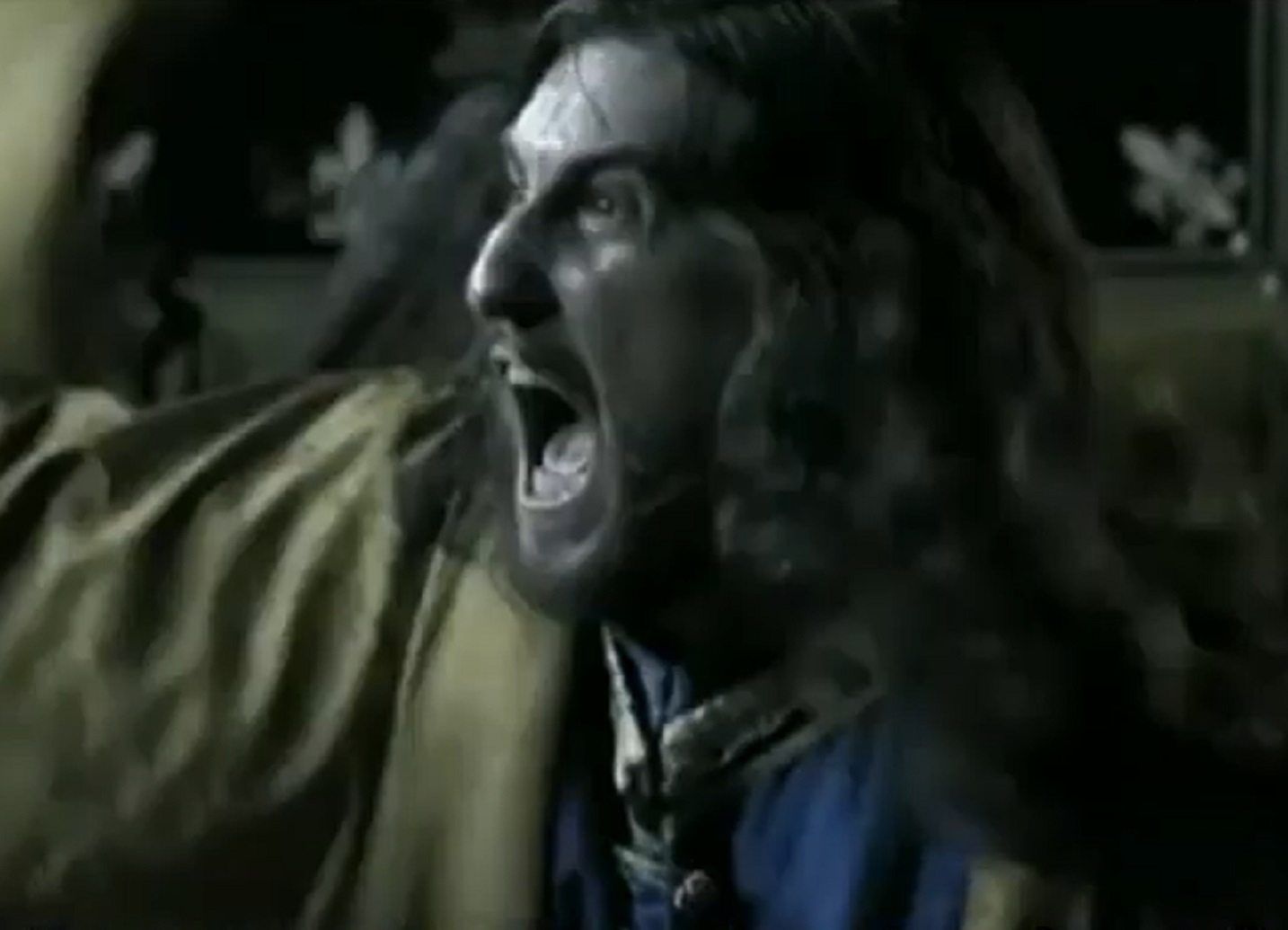 Screenshot of Charles VIII of France with long hair screaming - from Isabel (2011-2014)