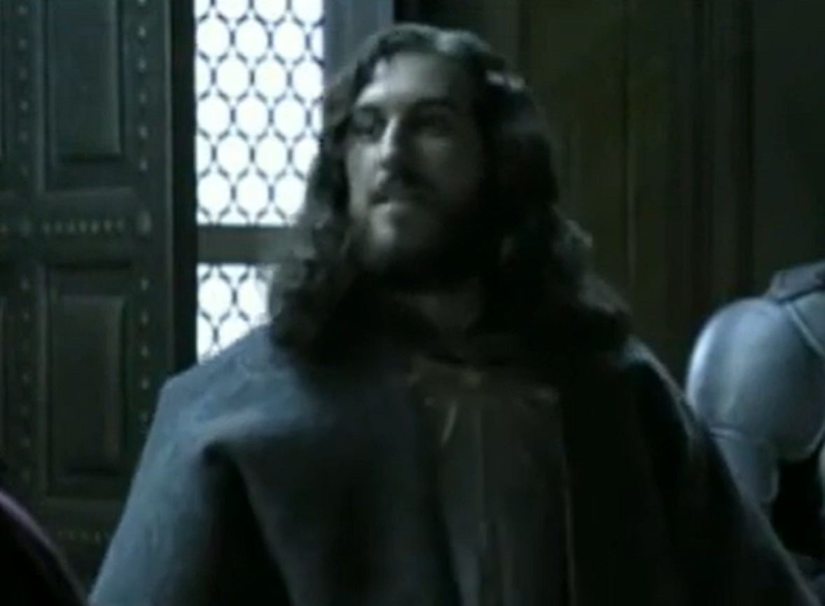 Screenshot of Charles VIII of France with long hair looking at front - from Isabel (2011-2014)