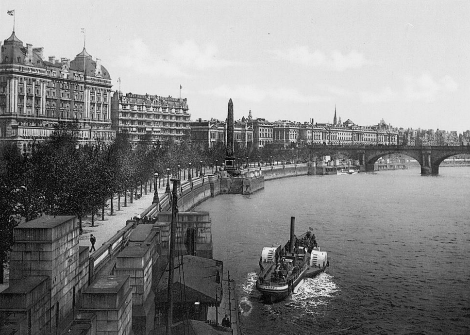 Photo of ,the primary of the two Thames embankments, London, England, the lesser one facing this, not shown, at the time without the National Theatre and London Eye was only notable for Lambeth Palace and the newly completed building of London County Hall