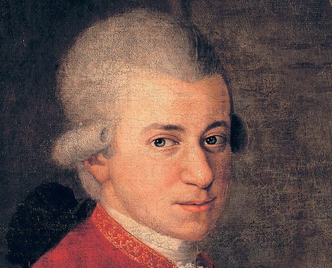 Portrait painting of Wolfgang Amadeus Mozart looking at side.