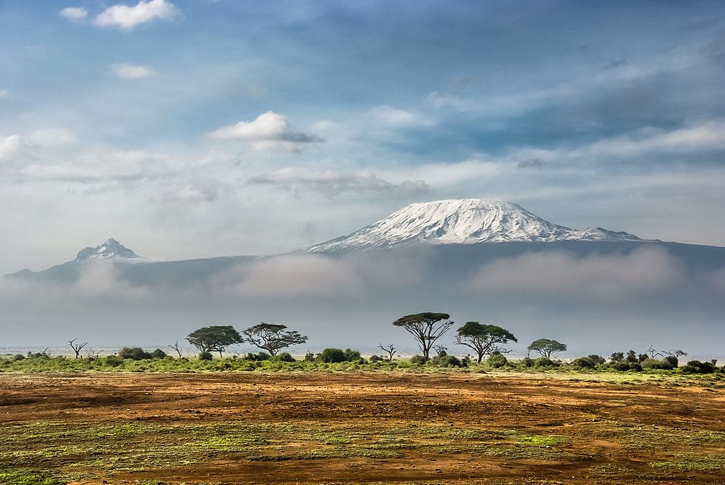 View of Kilimanjaro from Amboseli National Park, Kenya, bushes in the foreground, cloudy sky background
