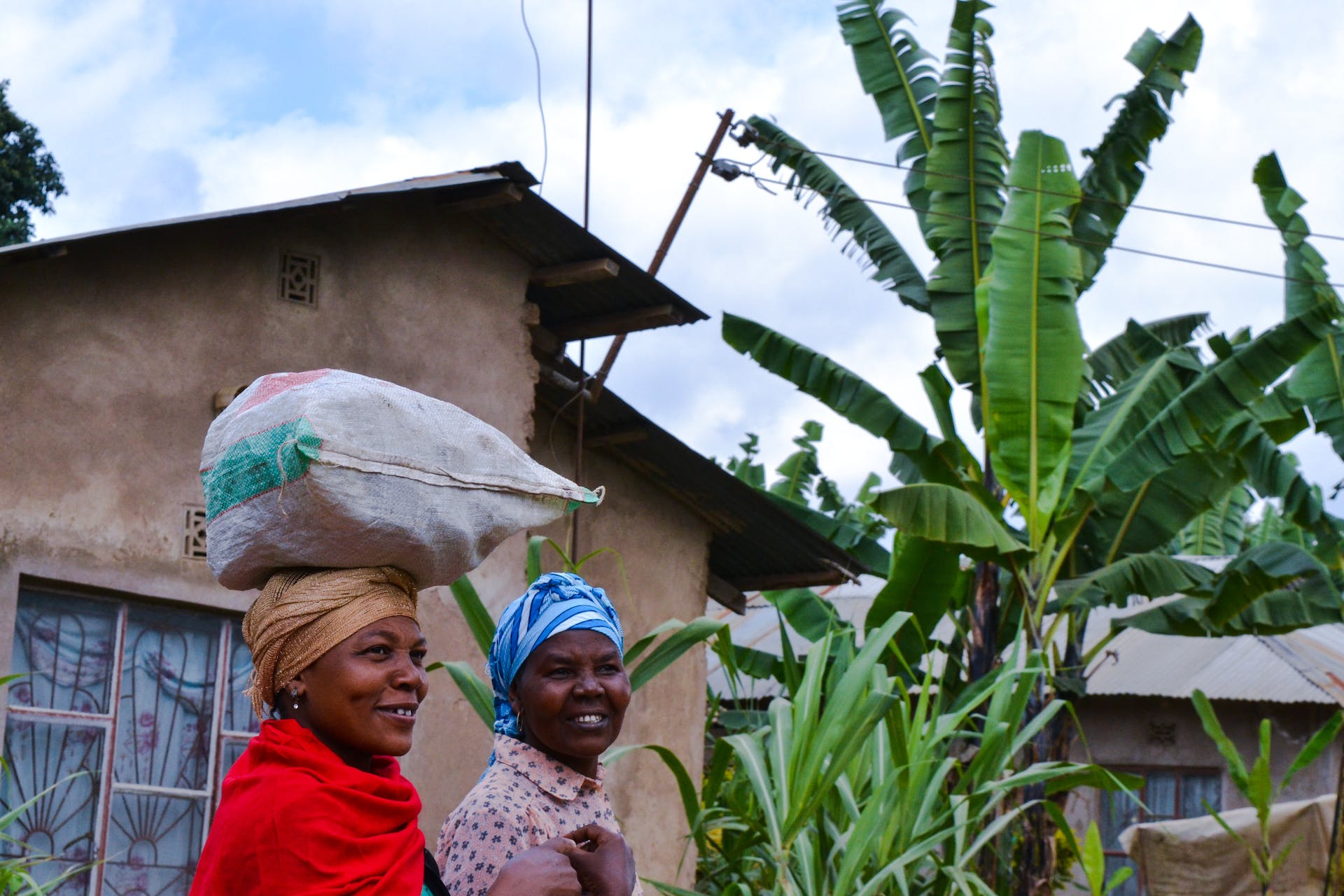 Two girls walking near the concrete house, smiling, big plant in front