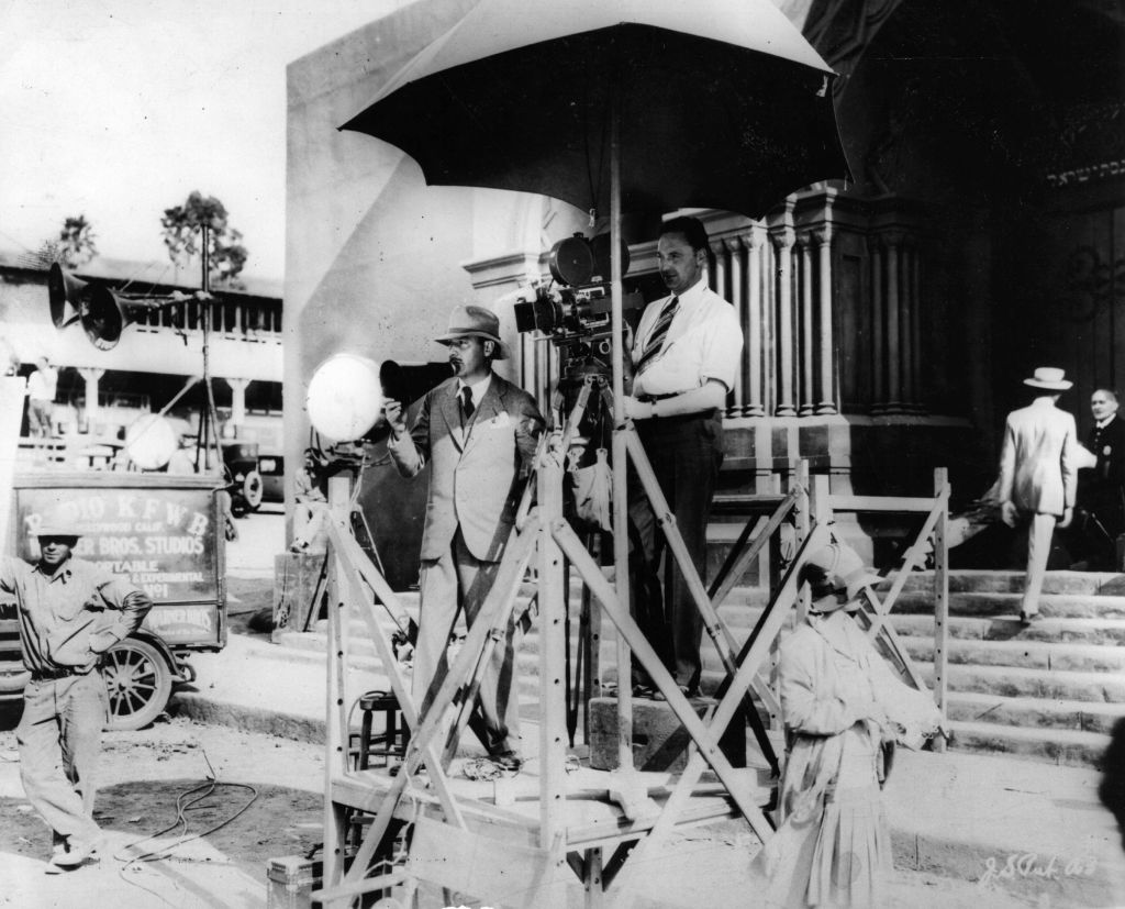 A camera on the set of the first talking film, 'The Jazz Singer'.