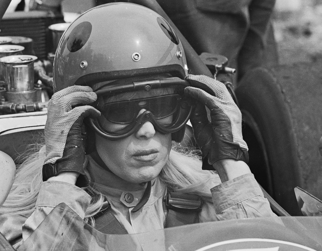 British racing driver, Roberta Cowell (1918 - 2011), in the cockpit of a Kitchmac M10B Formula 5000 racing car - 1972