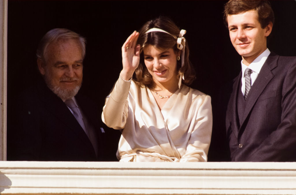 Caroline of Monaco and Stefano Casiraghi on the balcony of the palace on their wedding day