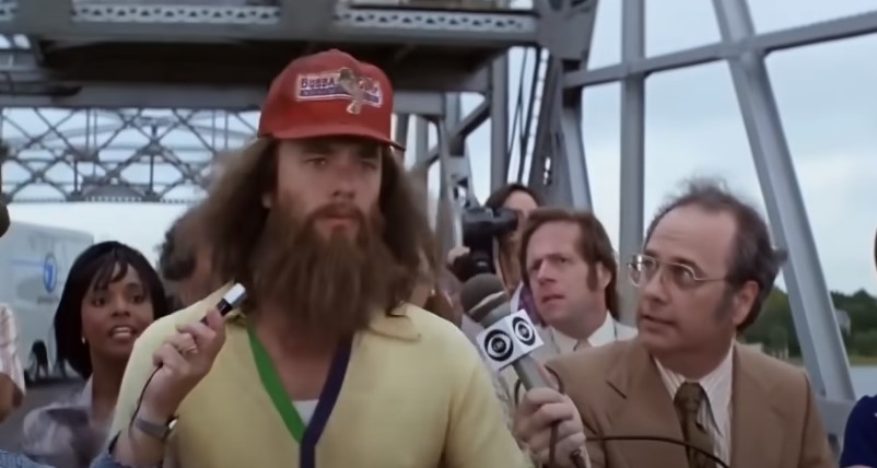 Forrest Gump running scene and being interviewed by reporters