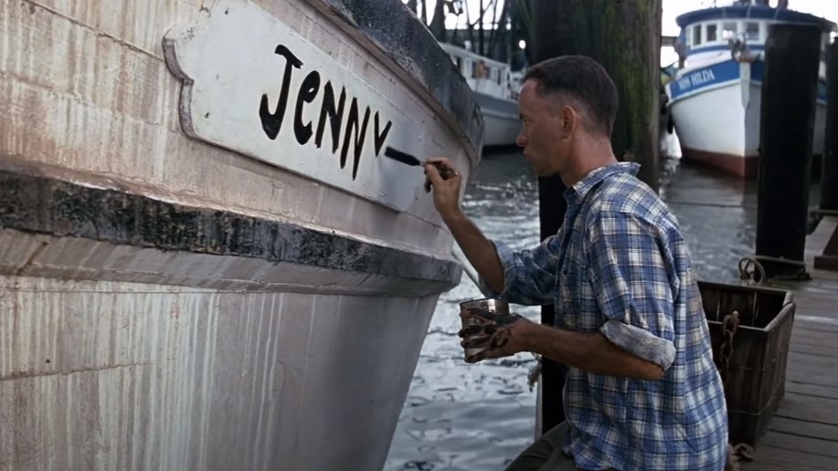 Tom Hanks as Forrest Gump writing on the shrimp boat