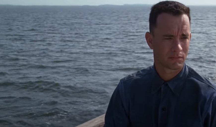 Tom Hanks as Forrest Gump on a boat at sea