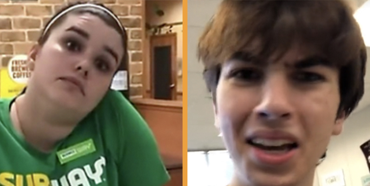 Cheerful waitress wearing apron serving customer