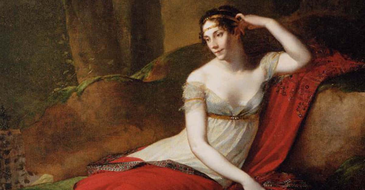 The Empress Josephine in white dress and red scarf