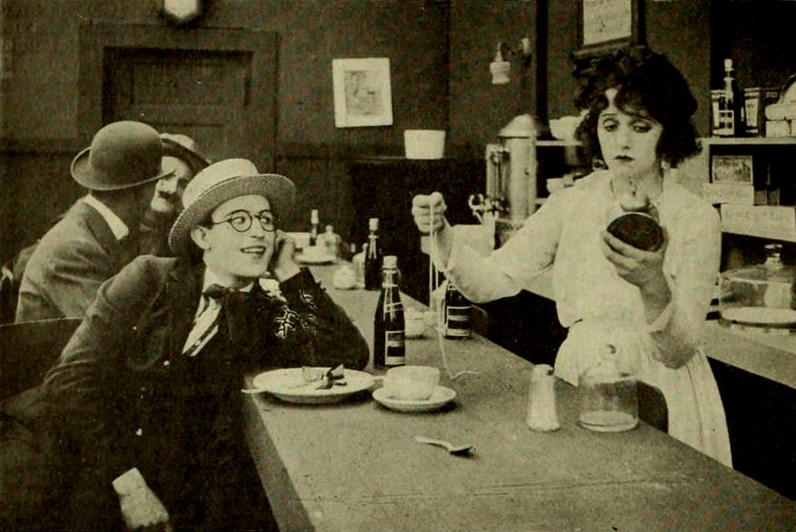 Still from the American comedy short film Before Breakfast (1919) with Harold Lloyd and Bebe Daniels