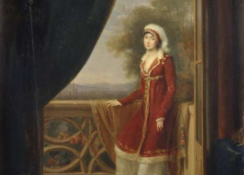 Empress Josephine in red dress and a hat
