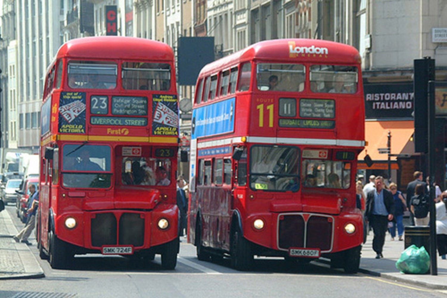 Two double-decker Routemaster buses, London - 2005