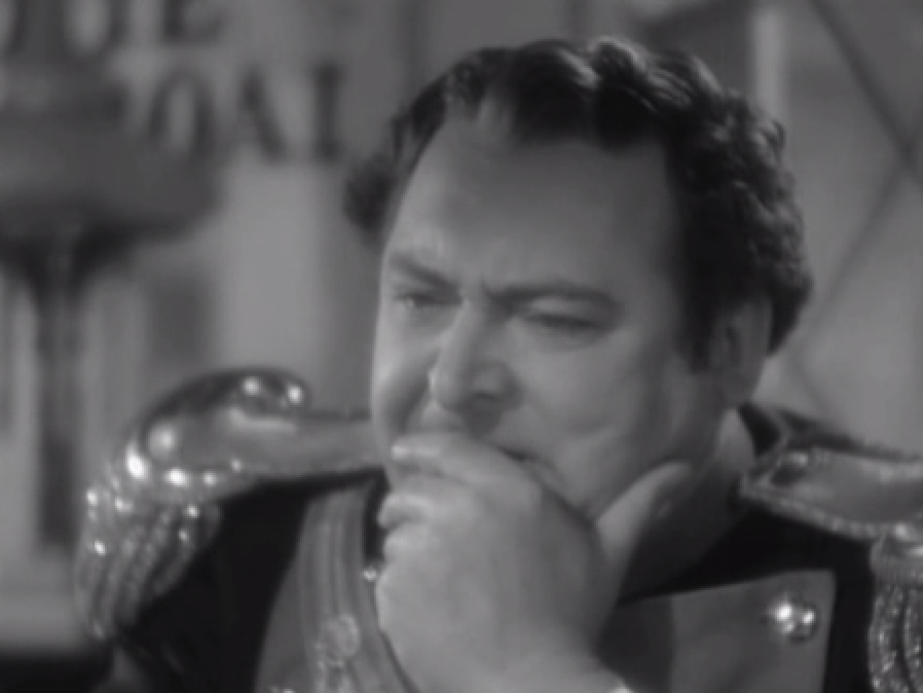 Screenshot of James Fisk (Edward Arnold) looking upset - from The Toast of New York (1937)