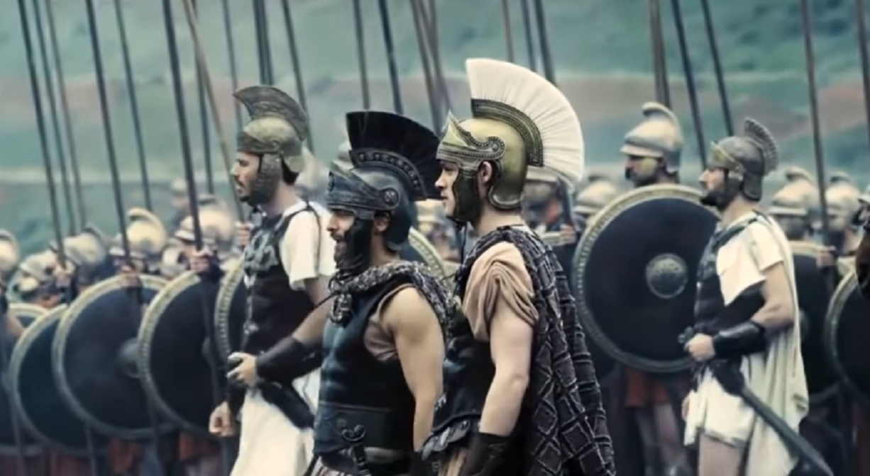 Screenshot of Alexander The Great looking at front with his soldiers - from Alexander the Great (2014)