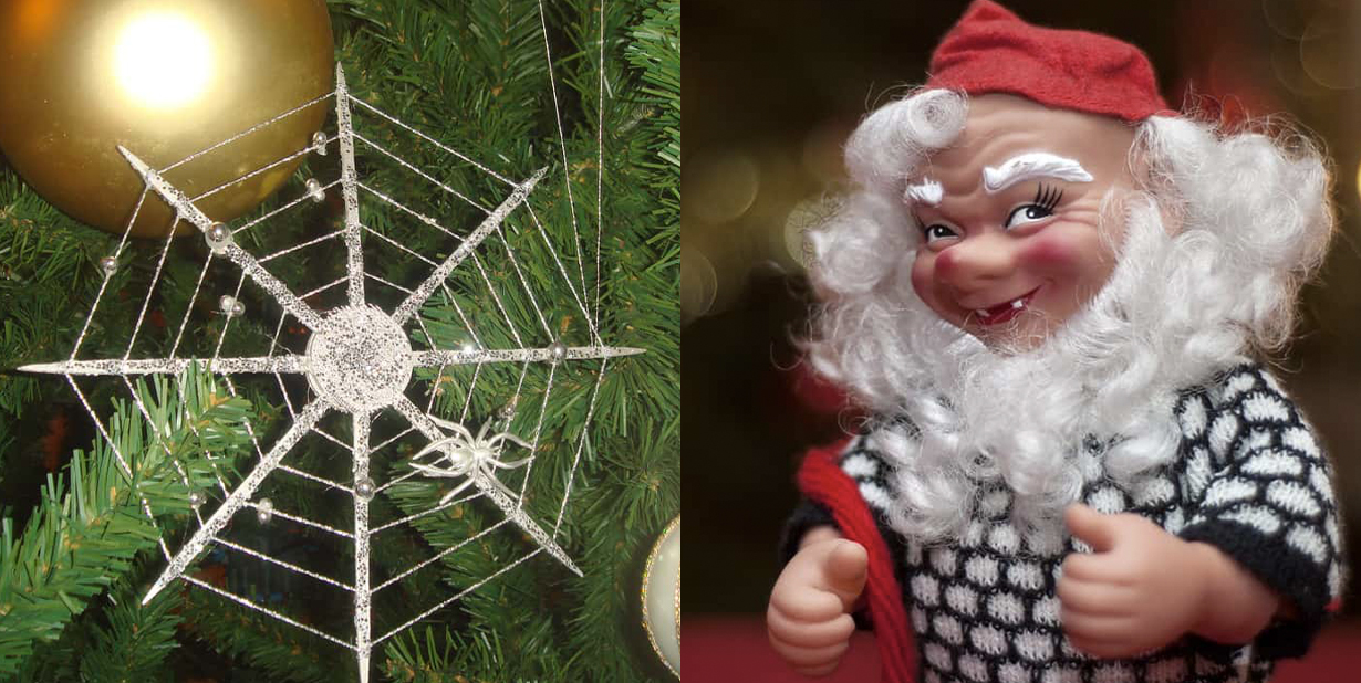 Spider web in tree and creepy elf split image