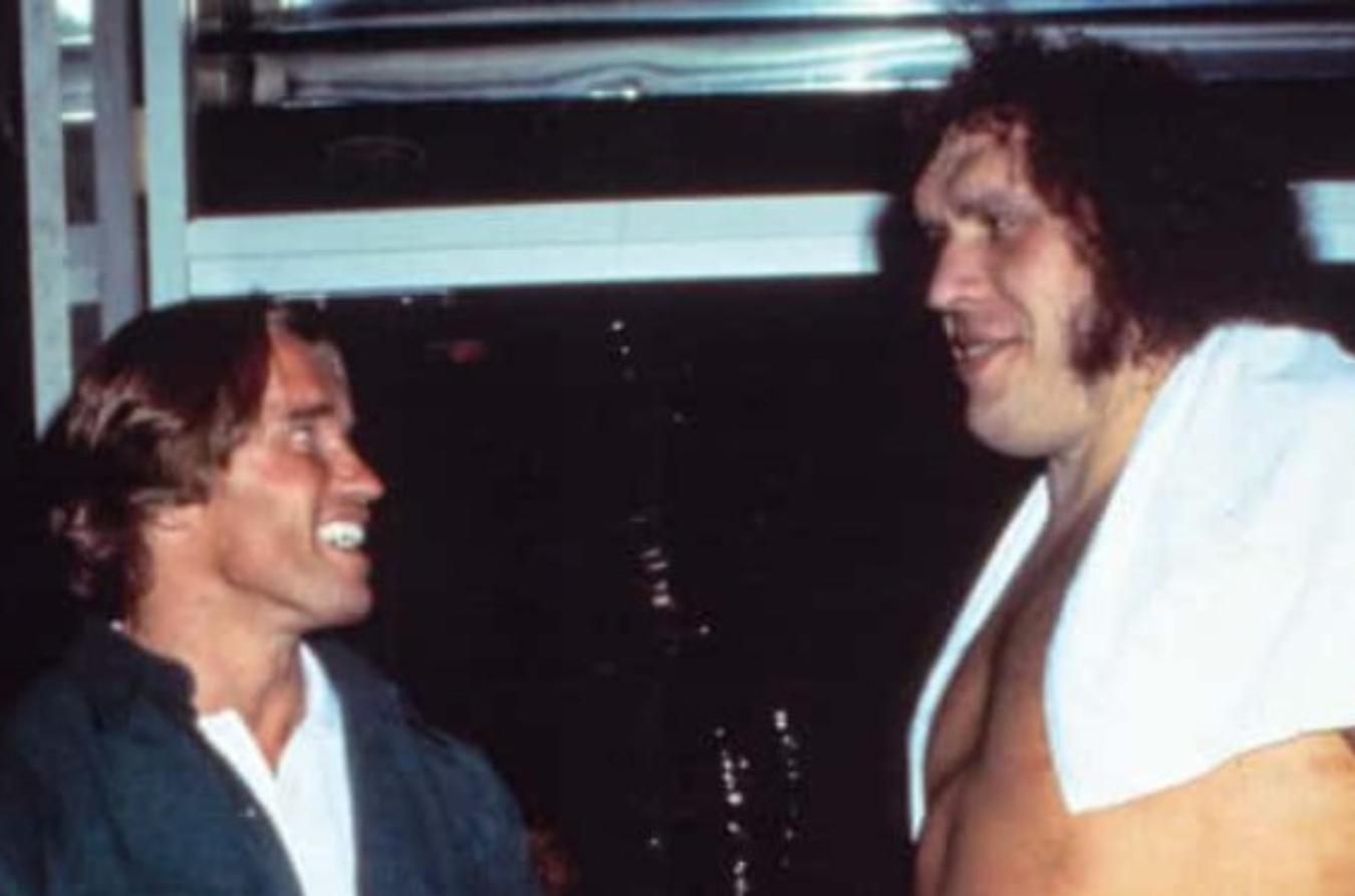 Arnold Schwarzenegger and Andre the Giant on the set of 