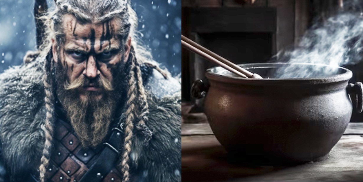 Viking and cauldron of soup split image