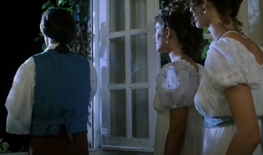 Screenshot from the movie Rowing with the Wind, actresses Elizabeth Hurley as Claire Clairmont and Lizzy McInnerny portraying Mary Shelley and actor Valentine Pelka portraying Percy Bysshe Shelley