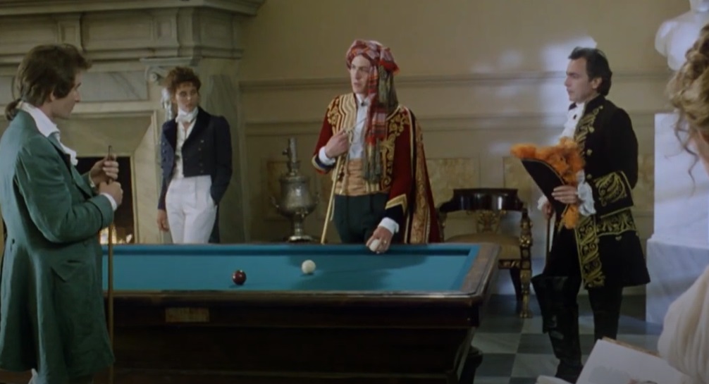Screenshot from the movie Rowing with the Wind, actresses Elizabeth Hurley as Claire Clairmont and Lizzy McInnerny portraying Mary Shelley and actor Valentine Pelka portraying Percy Bysshe Shelley, Hugh Grant as Lord Byron