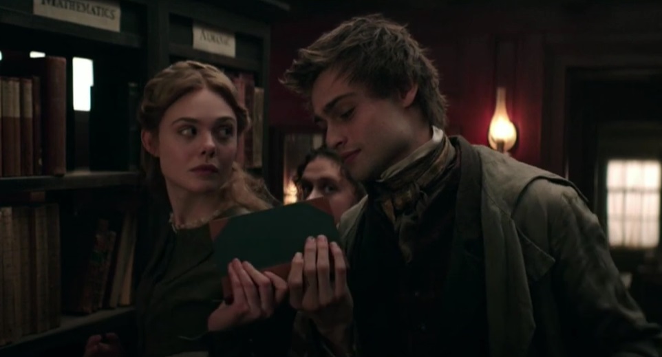 Screenshot from the movie Mary Shelley, actresses Elle Fanning as Mary Shelley, Bel Powley as Claire Clairmont and Douglas Booth as Percy Bysshe Shelley