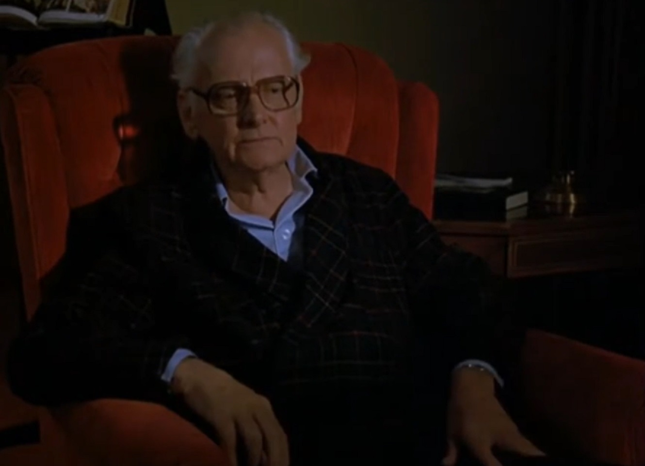 Screenshot of Art Carney seating on red chair - from Miracle Of The Heart - A Boys Town Story (1986)