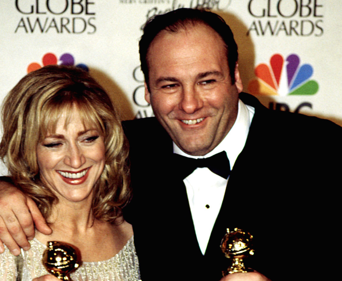 Edie Falco, James Gandolfini with their Golden Globe Awards