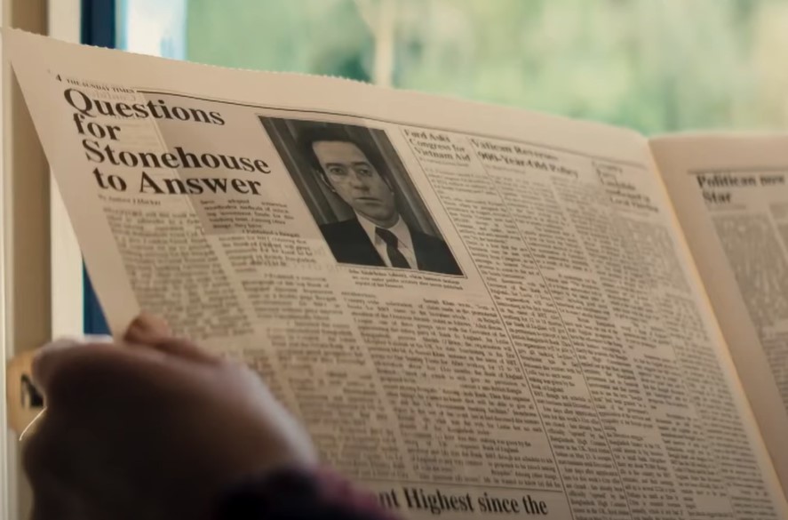 Matthew Macfadyen as John Stonehouse reading newspapers