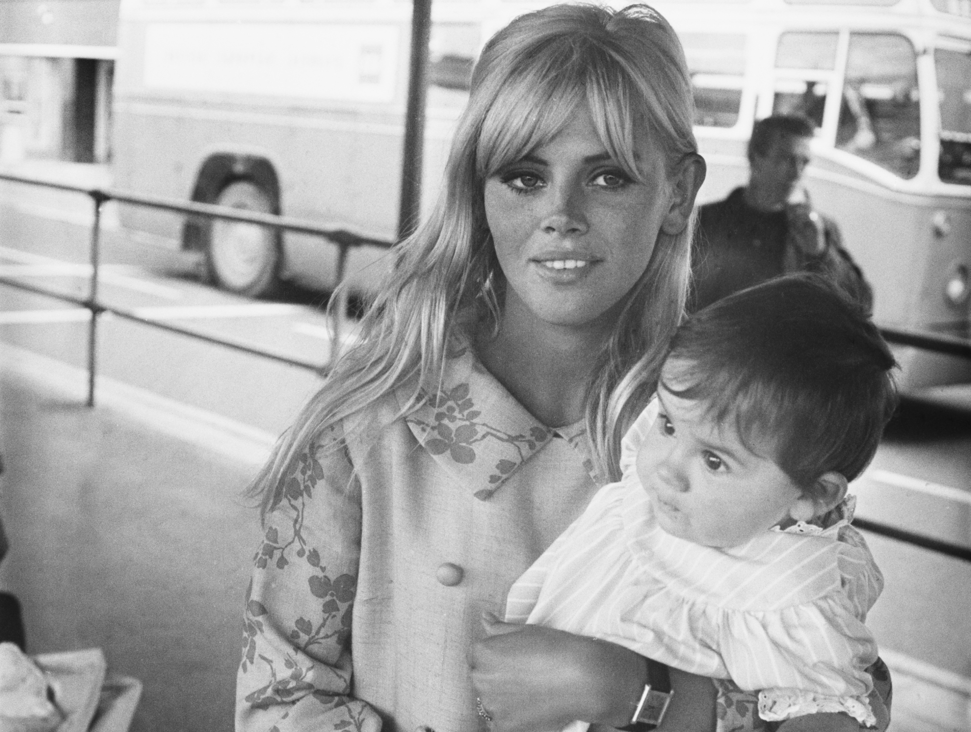 Britt Ekland and daughter Victoria Sellers at London Airport