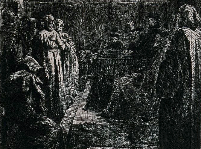 Accused heretics standing before a tribunal
