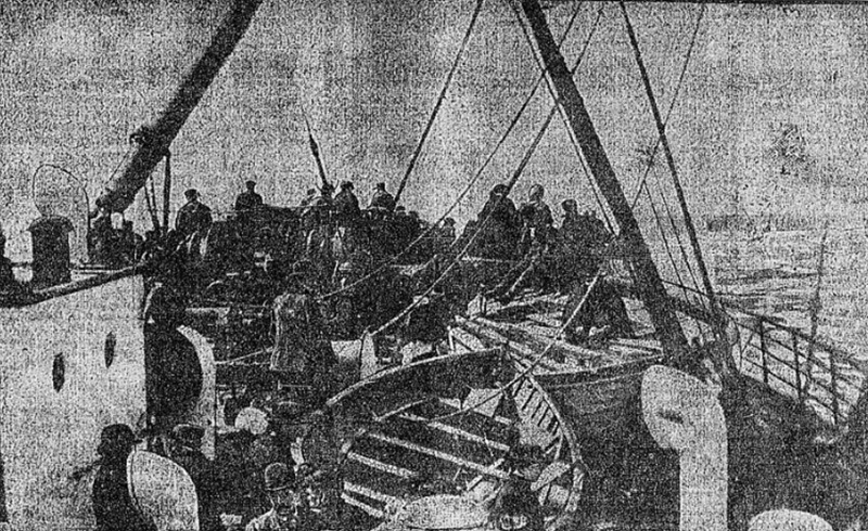 Titanic lifeboats strewn on the deck of the Carpathia