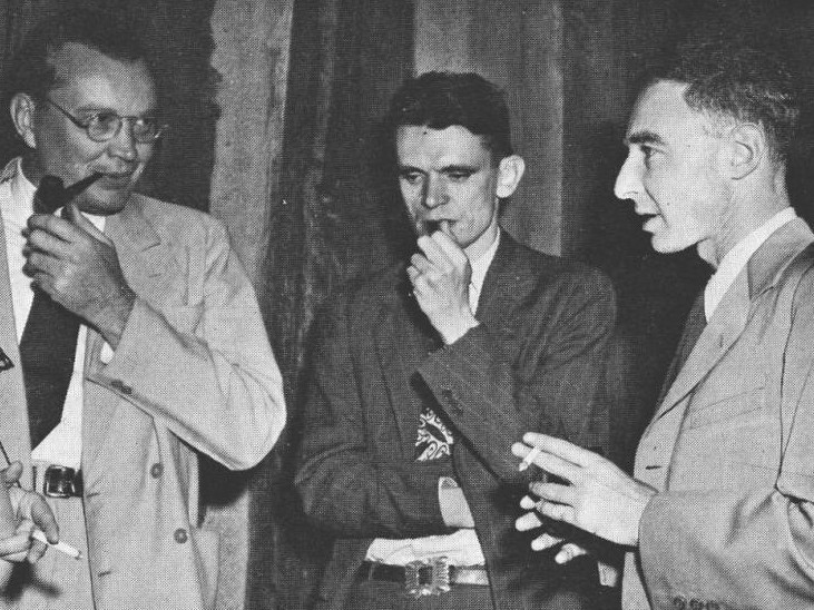 Eric Jette, Charles Critchfield, and J. Robert Oppenheimer at Los Alamos circa 1945