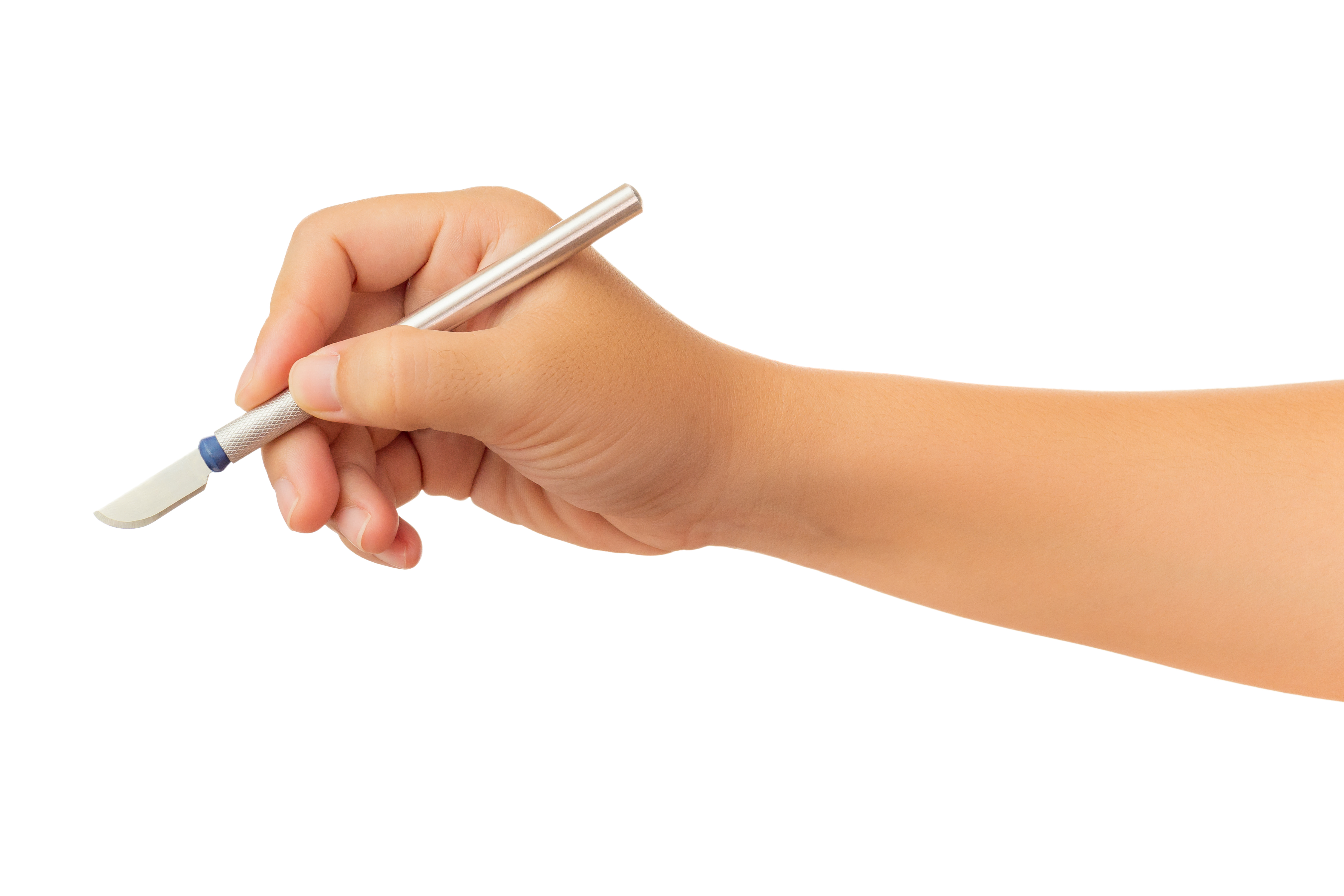Human hand holding scalpel on white background.