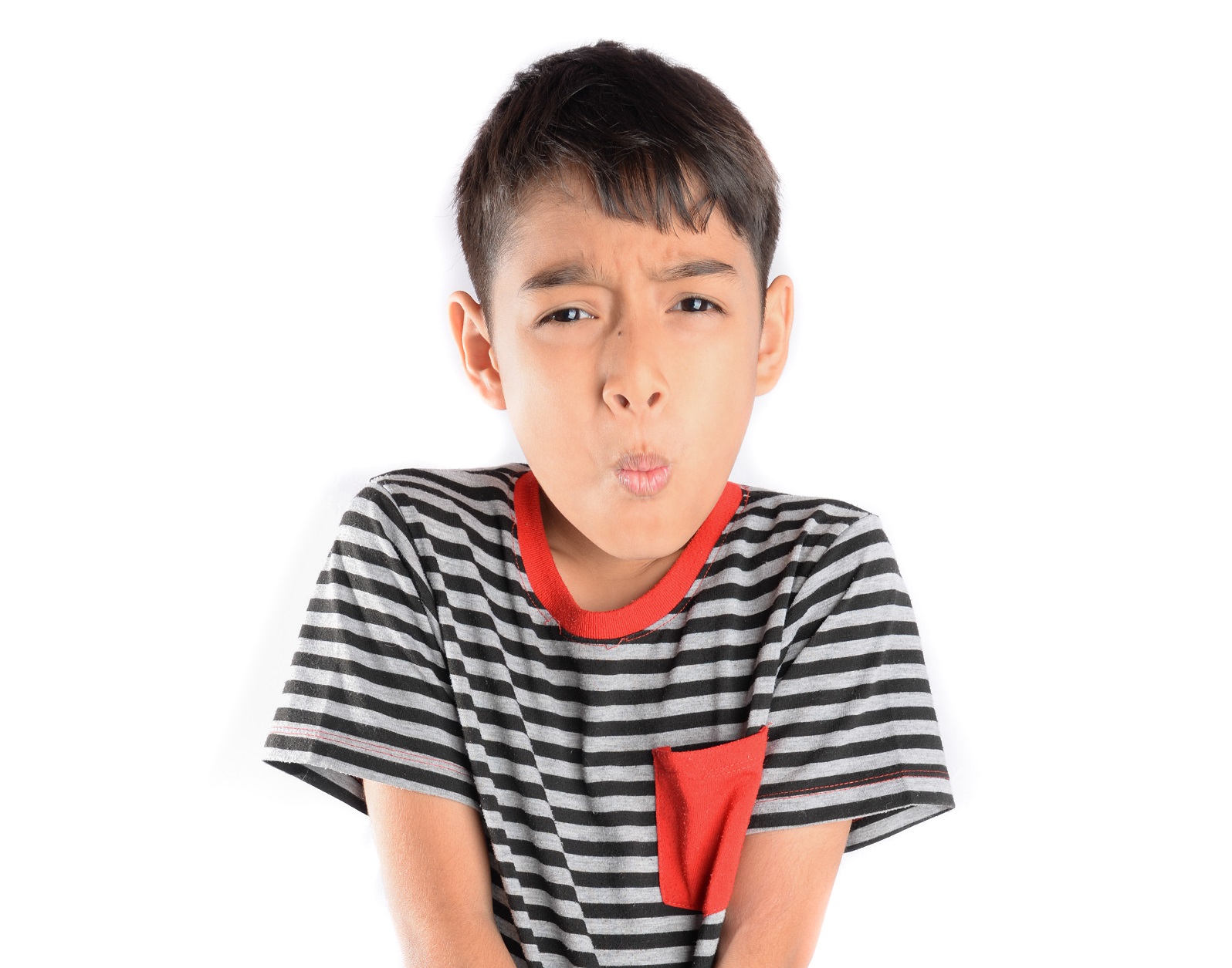 Kid wearing shirt making urgent face.