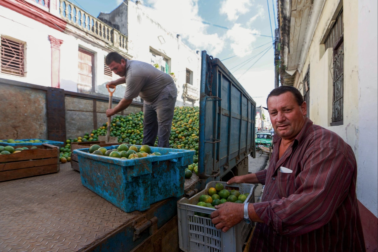 A man holding a crate of fruit and looking at camera.