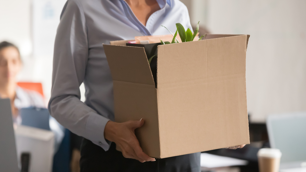Horizontal photo businesswoman holding cardboard box with belongings and plant in hands leaving the office after being fired