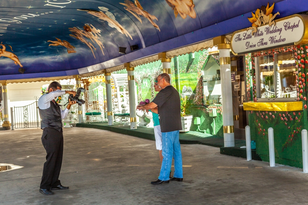 Couple at the wedding ceremony in the little white chapel in Las Vegas