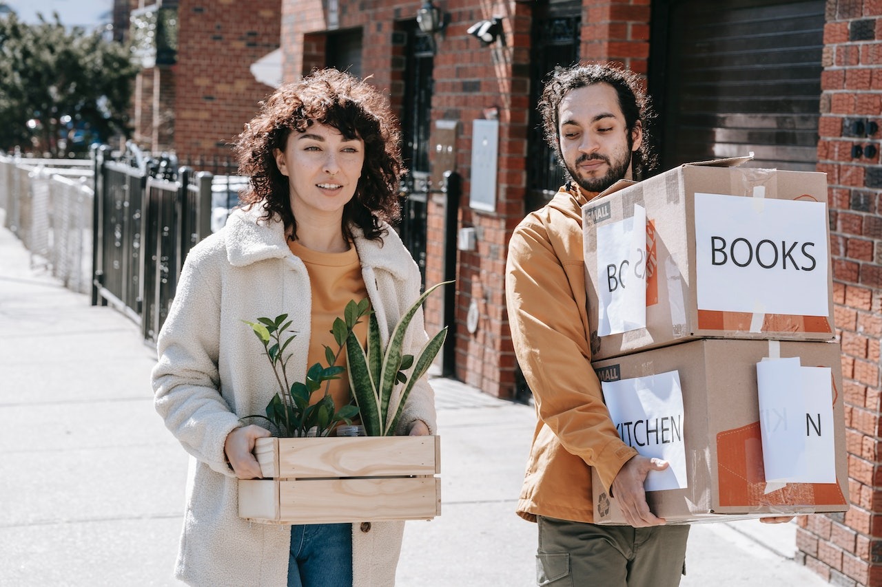 Woman holding a plant next to a man holding moving labeled boxes in hands.