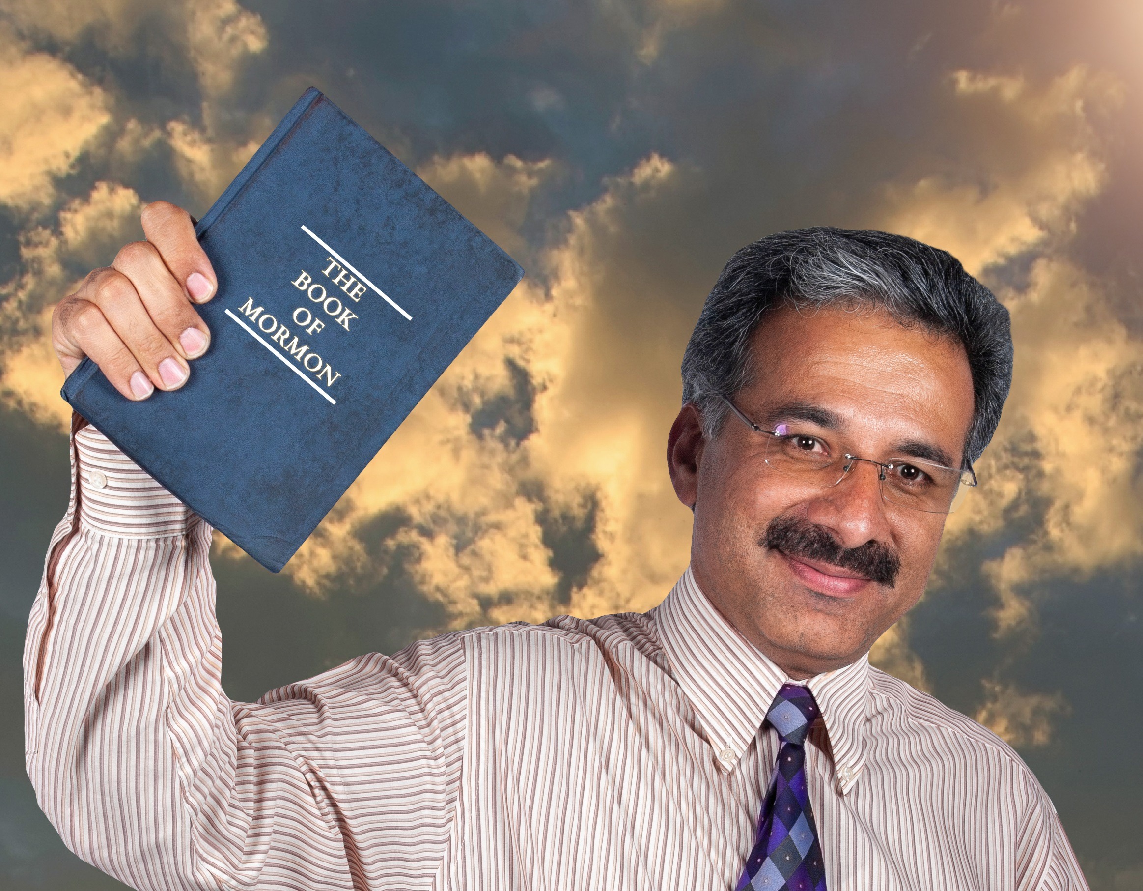 Man wearing white shirt and blue tie holding the Mormon book on the background with clouds.