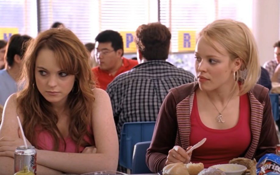 Rachel McAdams and Lindsay Lohan in Mean Girl sitting at school cafeteria