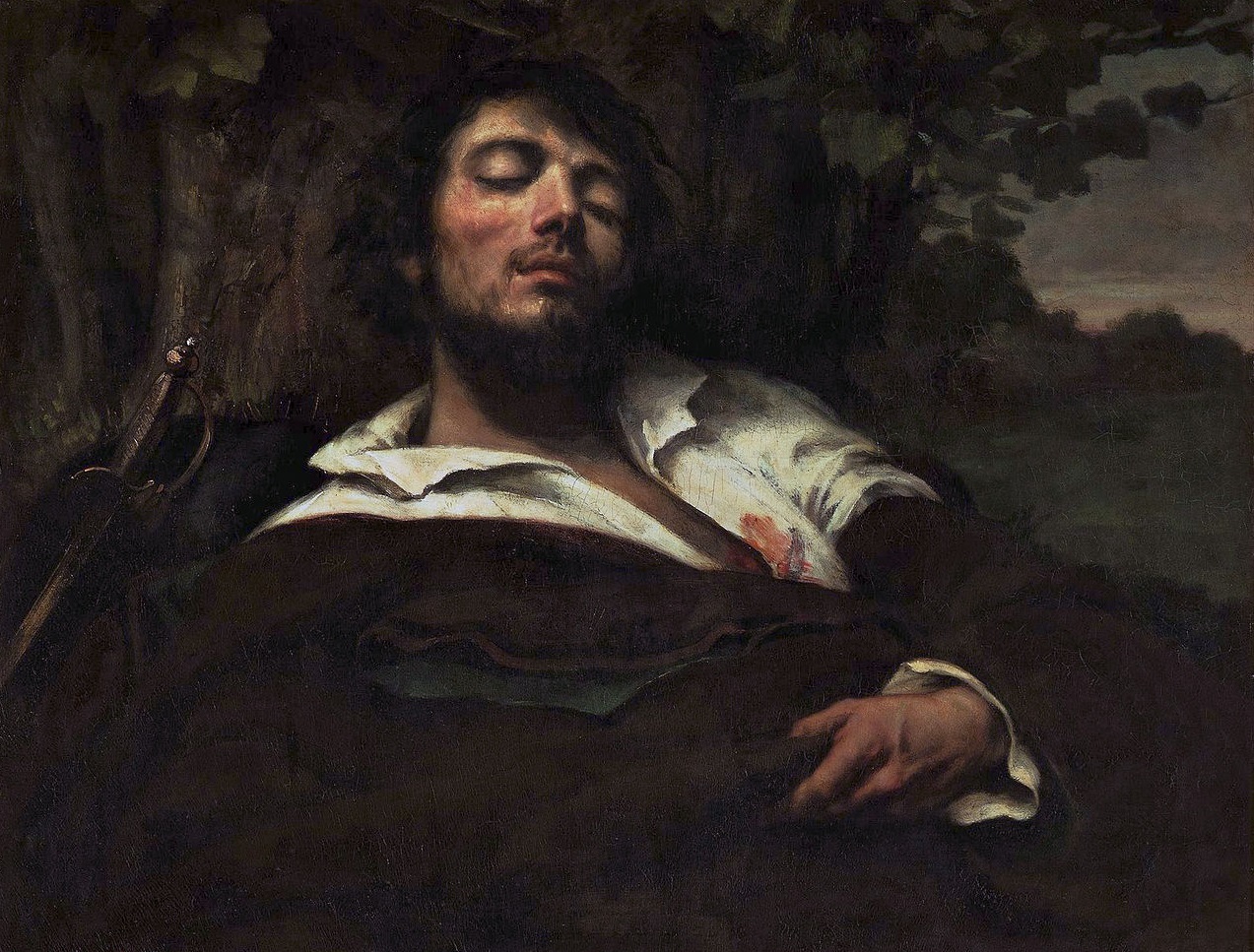 Painting of a man wearing black suit and white shirt ,laying outside - 1840